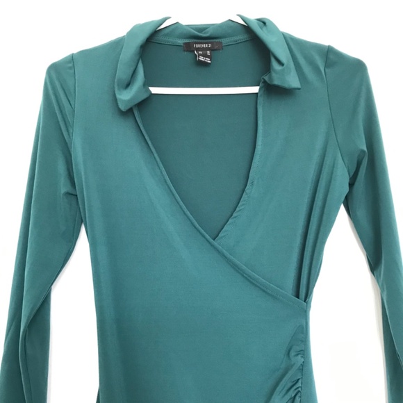 FOREVER 21 Collar Up V-Neck Wrap Bodycon Dress XS Royal Green Long Sleeve - Picture 4 of 12